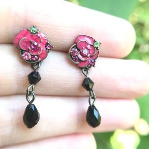 Pink Rose Black Bead Drop Earrings Stud Enamel
